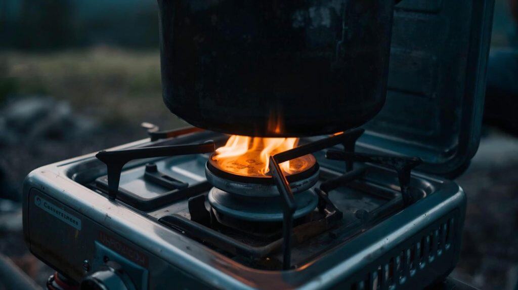 Large camping stove with a strong open flame heating a pot outdoors, showing the best camping stove for car camping when weight and space aren’t a factor.