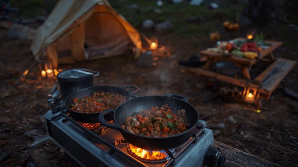 Premium multi-burner camping stove cooking a full meal at a campsite, illustrating the best camping stove for luxury outdoor cooking and comfort.
