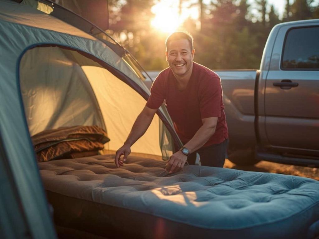Camper setting up an inflatable camping mattress inside a tent to improve back support and sleep comfort.