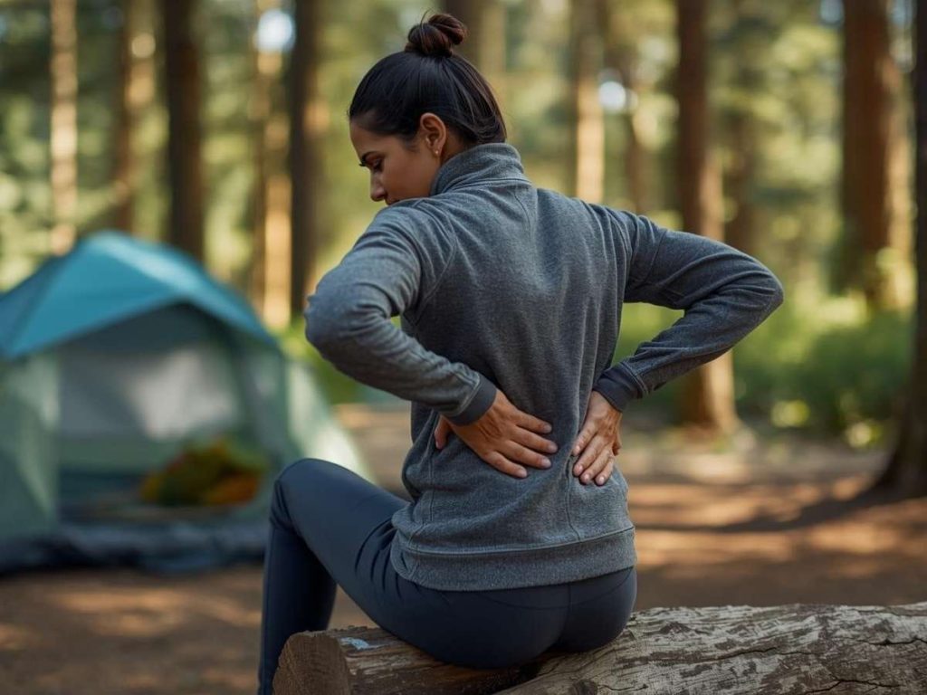 Woman experiencing lower back pain while camping, exploring whether sleeping on the ground can damage your back or cause back pain after camping.