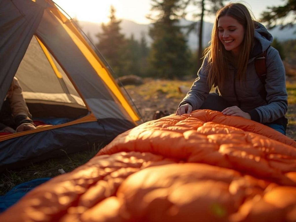 Camper setting up a thick sleeping pad outside a tent to prevent back pain when sleeping on the ground while camping.