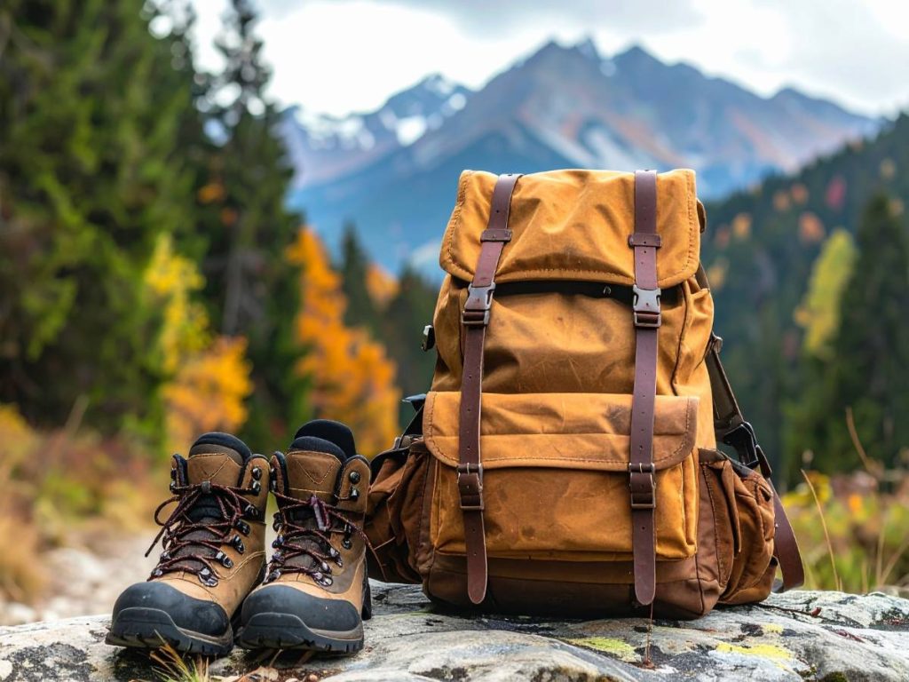 A sturdy hiking backpack and well-worn boots resting on a rock with mountains in the background, illustrating how thoughtful gear choices and preparation before a trip can reduce strain and help manage back pain while camping.