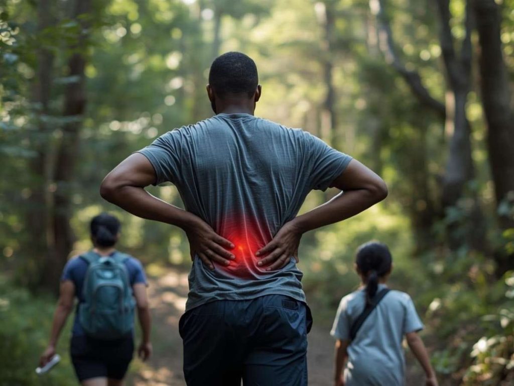 Hiker holding his lower back in pain on a forest trail, showing how sleeping on the ground while camping can worsen back pain.