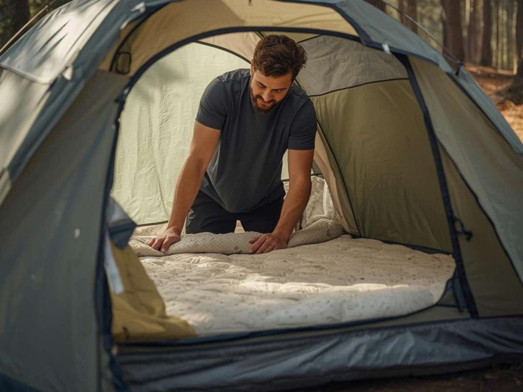 Man setting up a firm sleeping surface inside a tent, exploring whether sleeping on the ground can help back pain while camping.