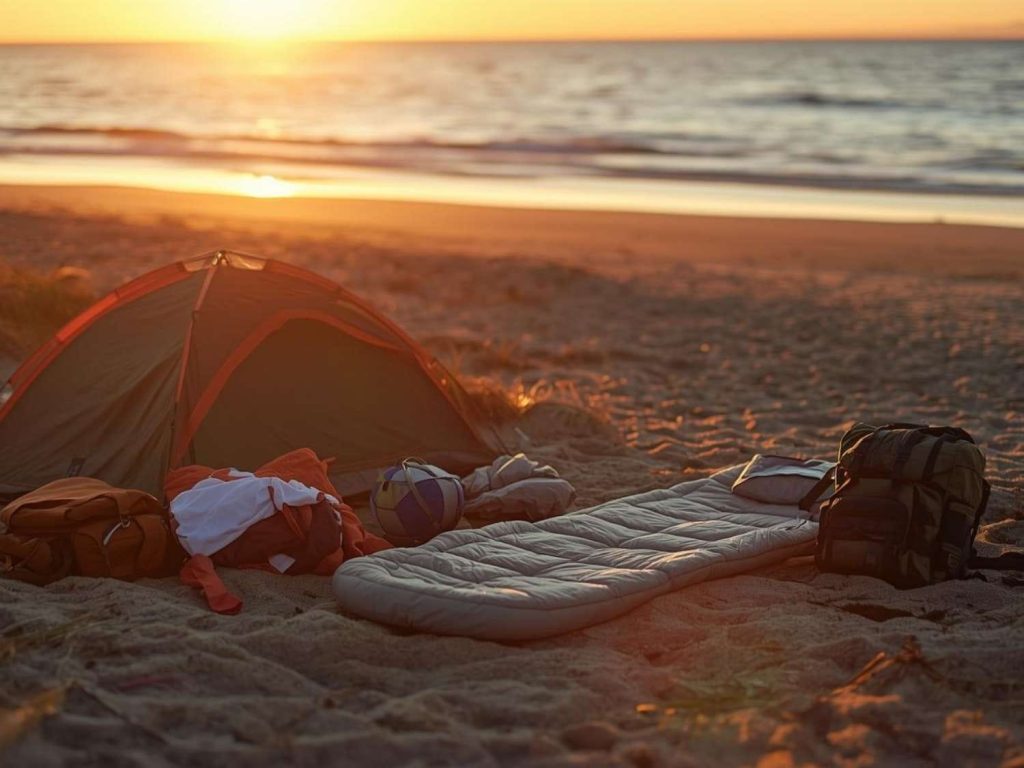 Beach camping setup at sunset with a small dome tent, sleeping pad, backpacks, and gear laid out on the sand beside the ocean - practical scene highlighting the beach camping gear that actually matters for comfort and safety.