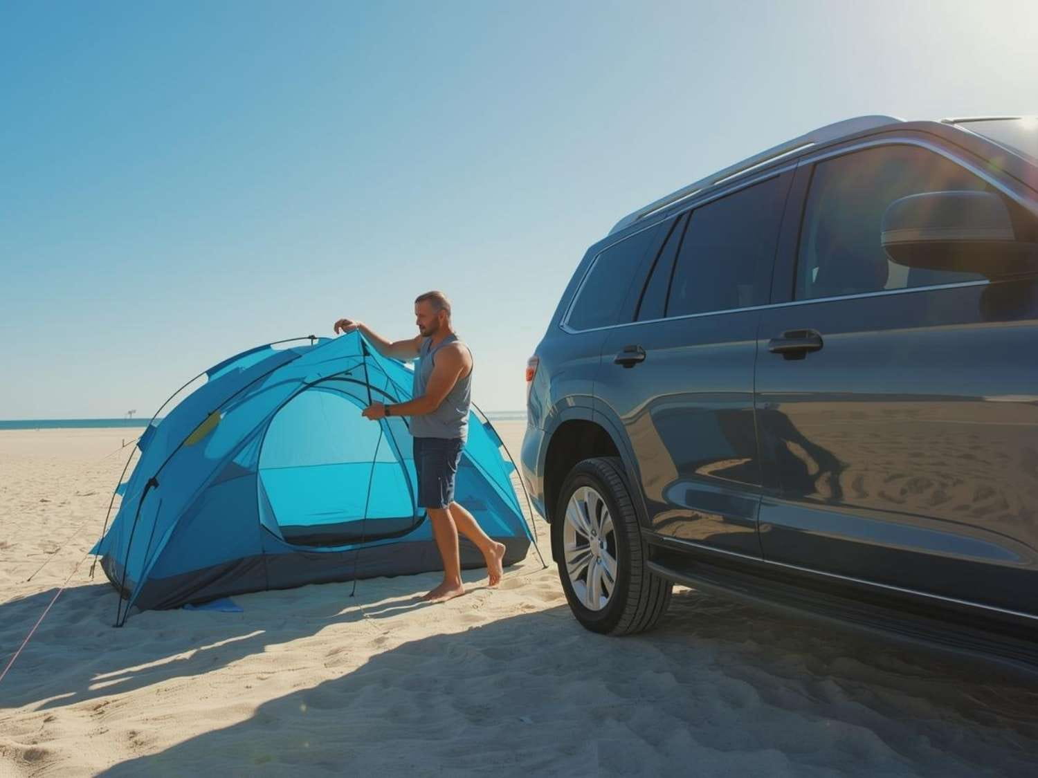 Man setting up a blue dome tent on sandy beach beside an SUV, with open coastline in the background - practical scene illustrating whether you can actually camp on the beach and how to set up safely near your vehicle.