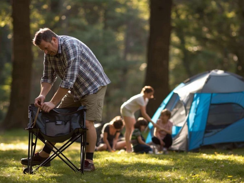 Man adjusting a sturdy camping chair at a forest campsite beside a family tent — practical outdoor scene illustrating choosing the right camping chair for back pain with proper height and support.