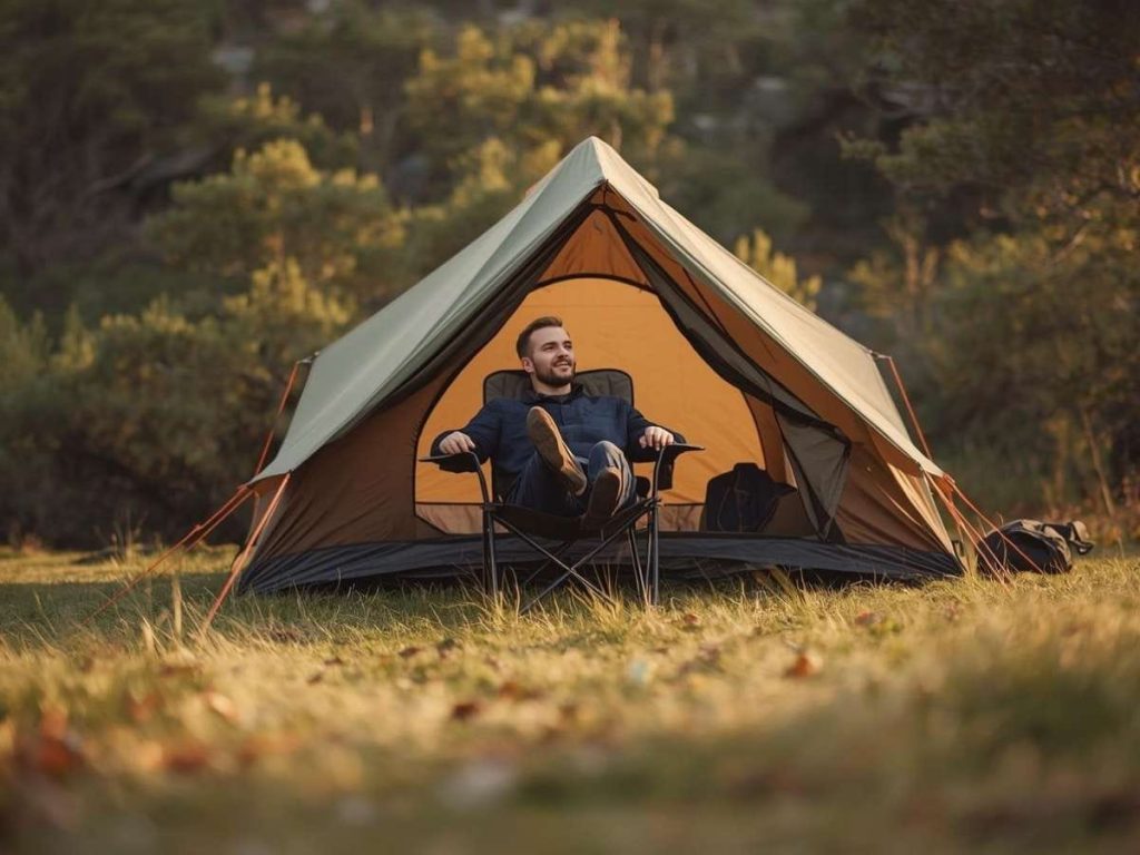 Man relaxing in a supportive camping chair inside a pitched tent in a grassy field — practical outdoor setup illustrating the best camping chairs for bad backs and how proper lumbar support improves comfort.