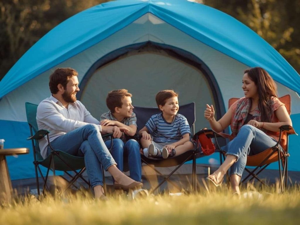 Family sitting together in folding camping chairs outside a large tent, chatting and smiling at a campsite — relaxed outdoor scene illustrating how to make any camping chair more back-friendly for comfortable family camping.