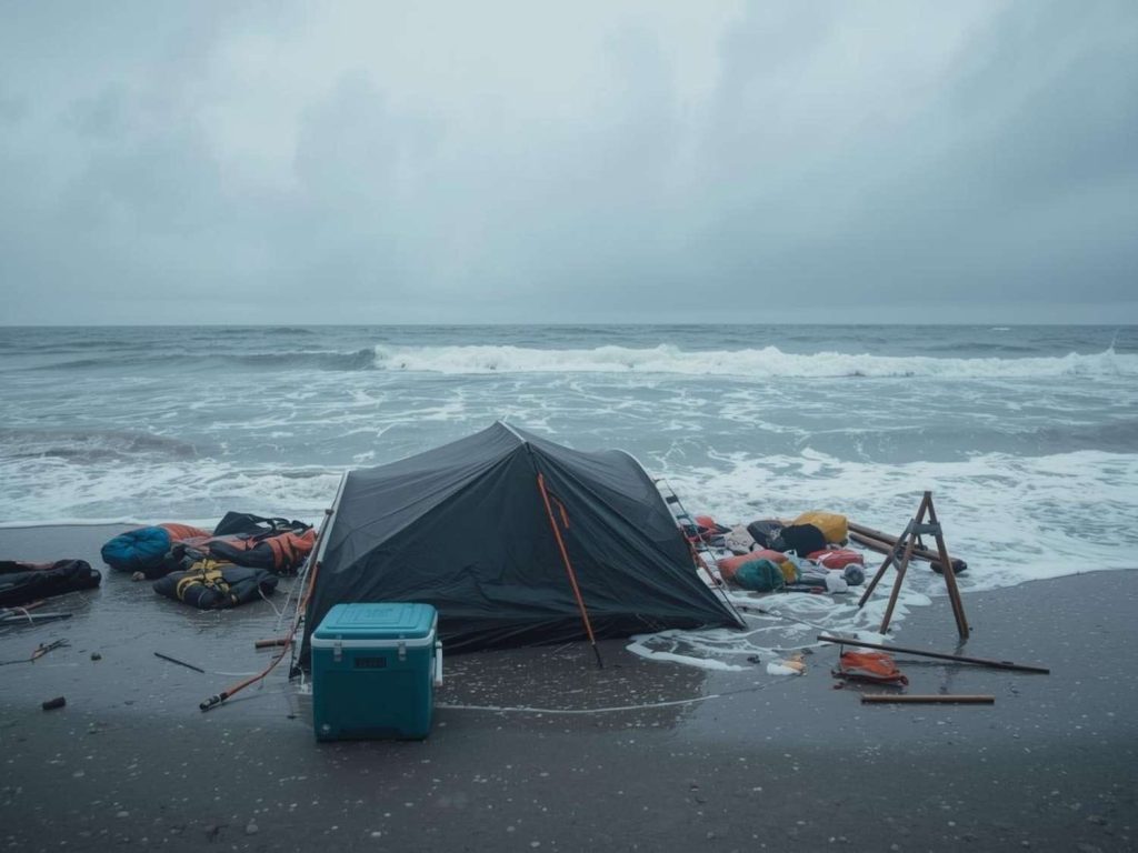 Tent pitched too close to the waterline with waves washing around camping gear under grey skies - cautionary beach camping scene illustrating safety risks and common mistakes to avoid near the ocean.