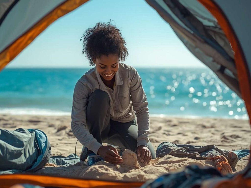 View from inside a tent opening onto a sunny beach, with a camper brushing sand from gear near the shoreline - practical scene highlighting sand management, the part nobody warns you about when beach camping.