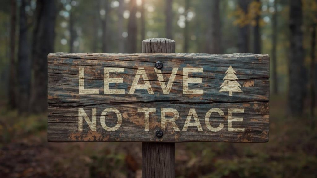 Wooden forest sign reading “Leave No Trace” surrounded by tall trees and soft natural light - symbolising responsible outdoor ethics, environmental awareness, and low-impact camping principles.
