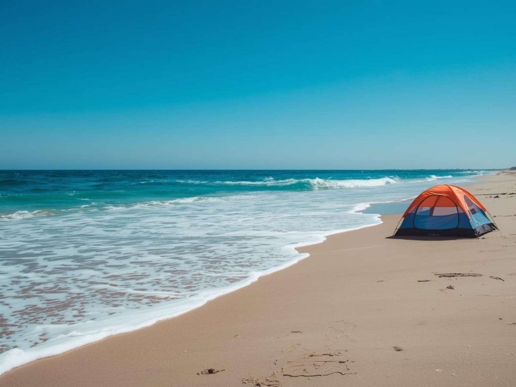 Small dome tent pitched close to the shoreline on a sandy beach, with waves rolling in under a clear blue sky - coastal scene illustrating the importance of understanding tides before setting up camp near the water.