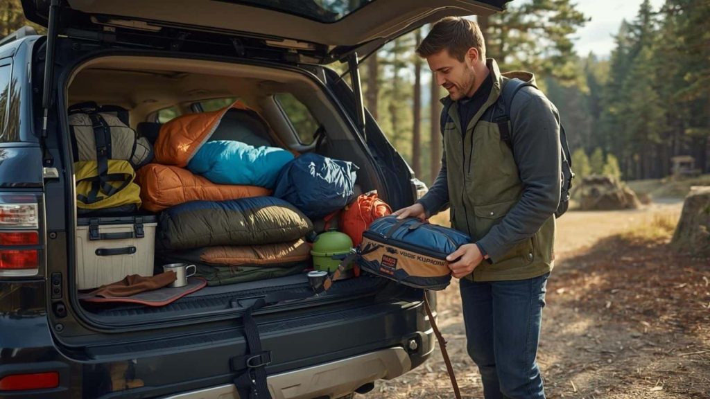 Camper unloading gear from SUV, showing what counts as a camping gadget for outdoor trips.