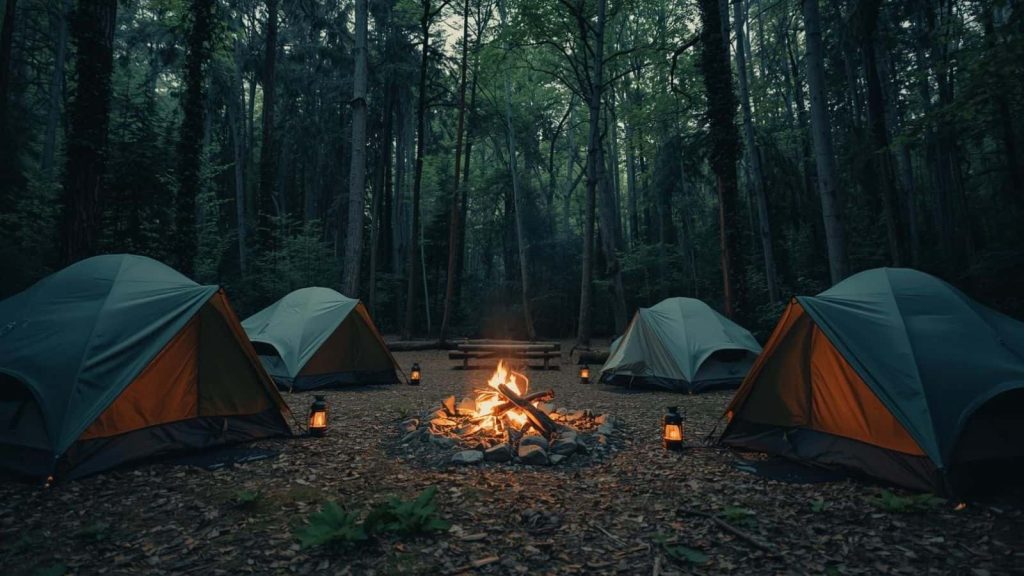 Small group campsite in a quiet forest clearing at dusk, tents arranged respectfully around a contained campfire with lantern light - representing eco-friendly camping, low-impact practices, and responsible use of natural spaces.