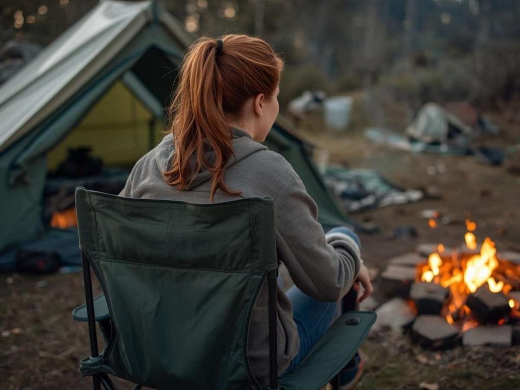 Woman sitting in a low camping chair by a campfire outside a tent - outdoor scene illustrating what makes a camping chair bad for your back, such as low seat height and limited lumbar support.