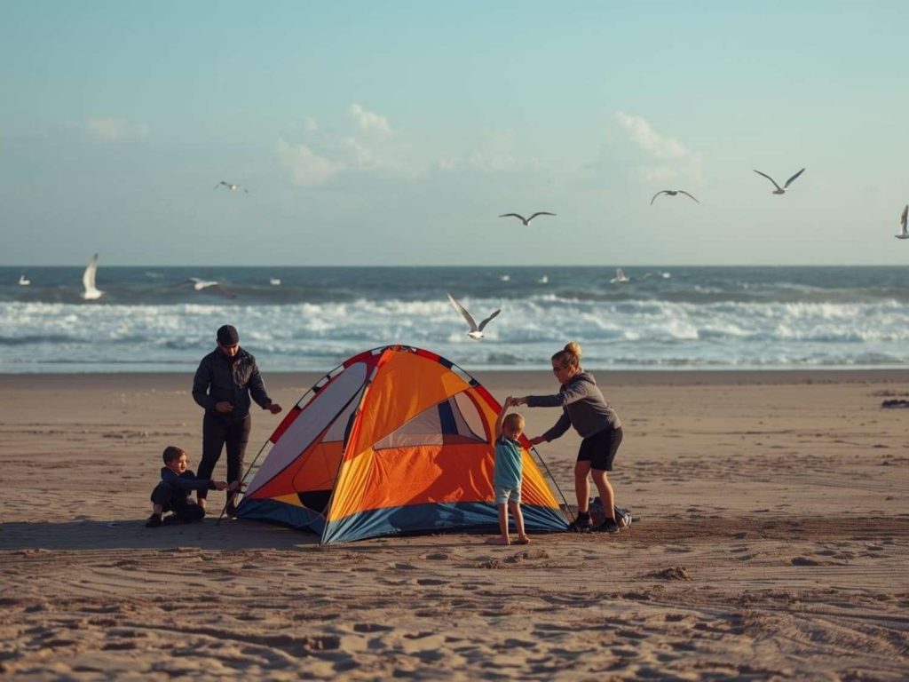 Family securing a small dome tent on a breezy beach with waves and seabirds in the background - coastal scene highlighting how wind is often underestimated when camping by the sea.