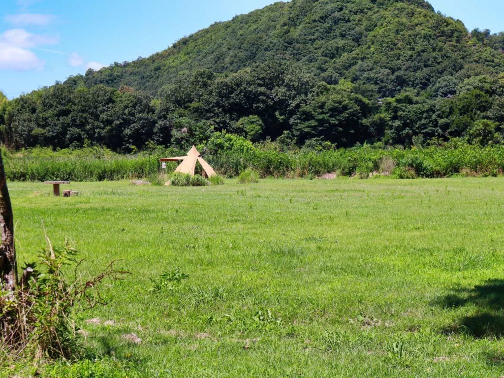 Campsite set up in an open field, showing common camping mistakes like poor location choice or lack of shelter.