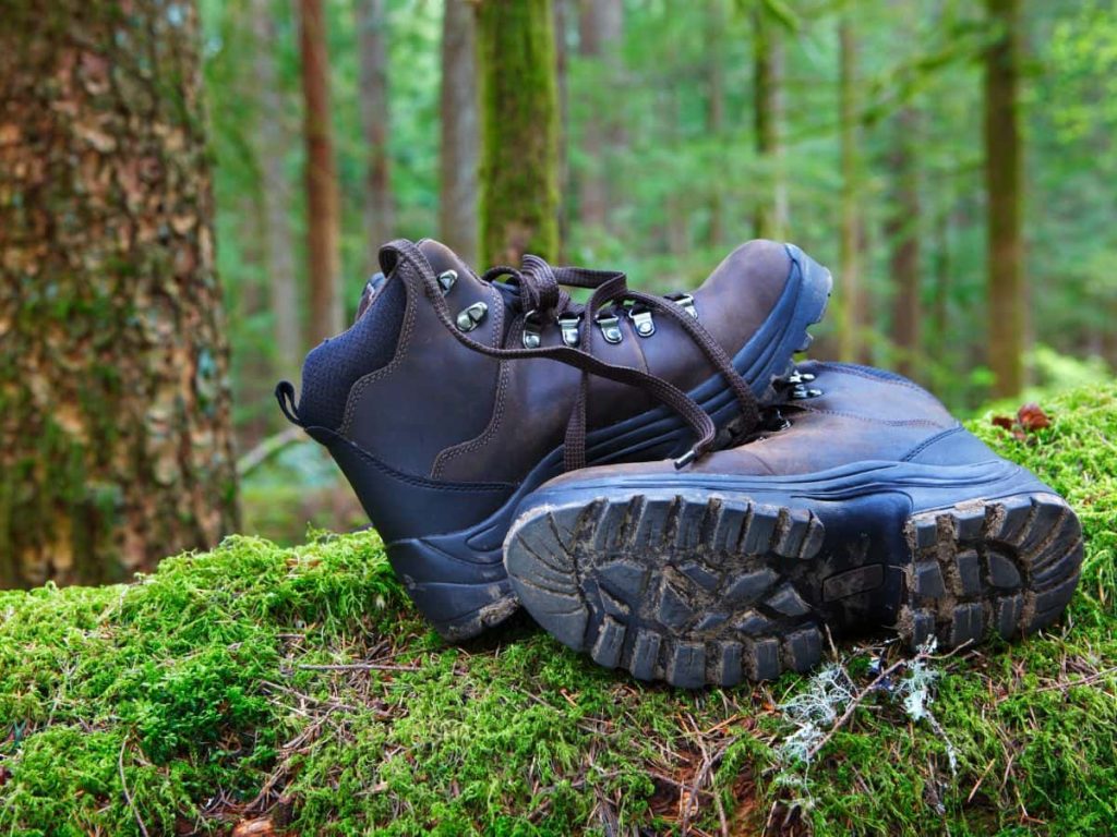 Hiking boots with ankle support shown on a mossy forest trail.