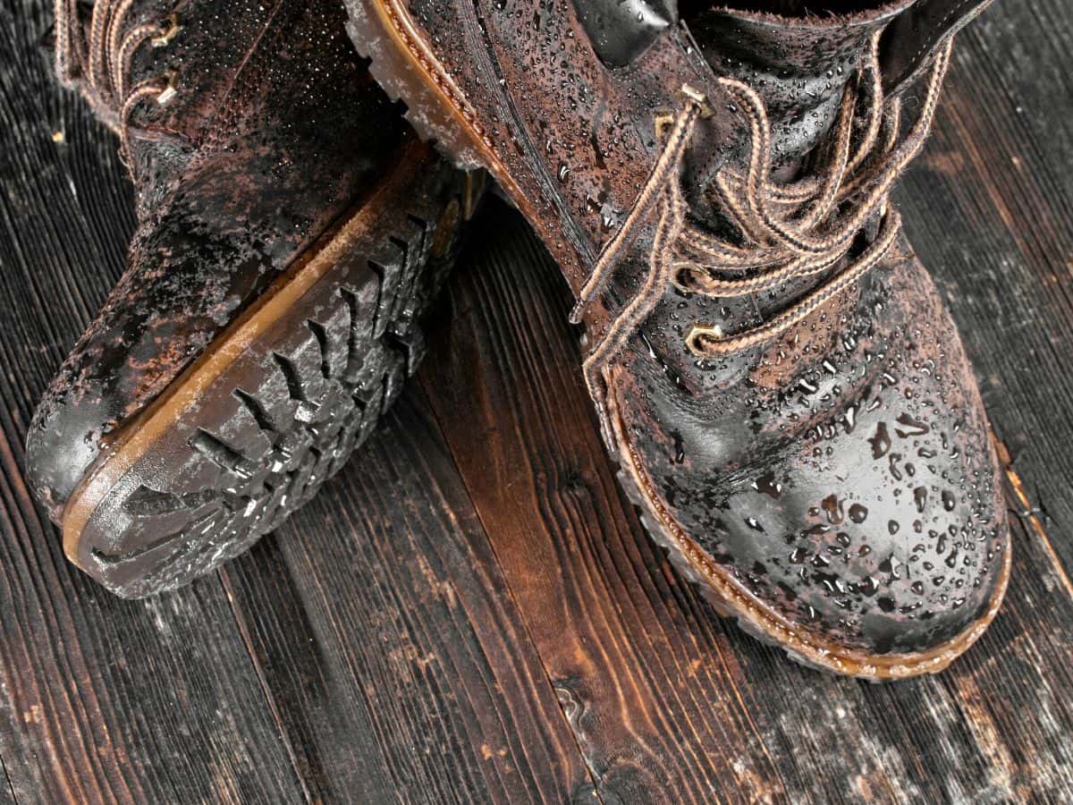 Close-up of wet leather hiking boots covered in water droplets on a wooden floor, illustrating what to do if your boots are still damp after trying to dry hiking boots overnight.