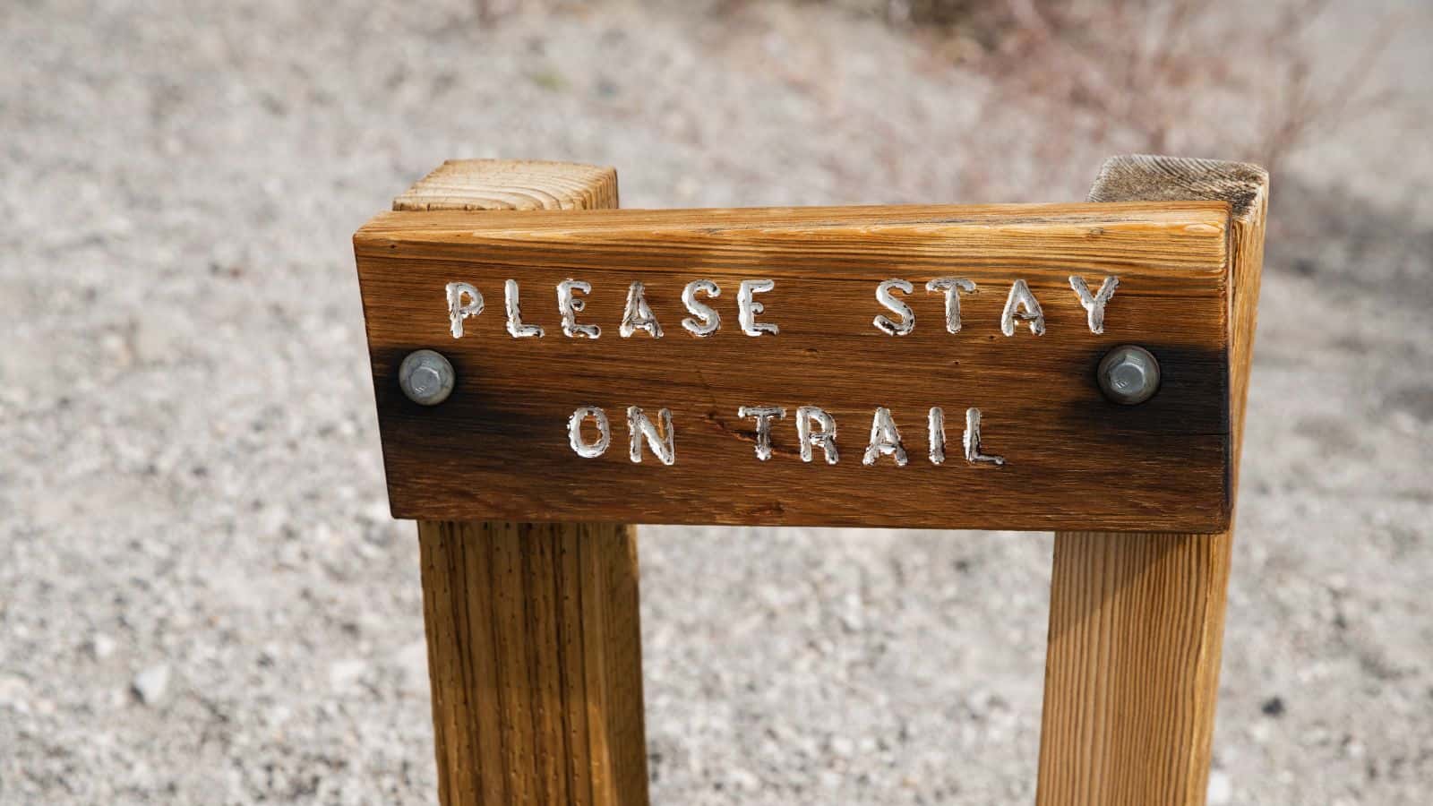 Wooden “Please Stay on Trail” sign reminding hikers to follow Leave No Trace principles during a hike through deep mud, helping prevent trail widening, erosion and damage to wet ground.